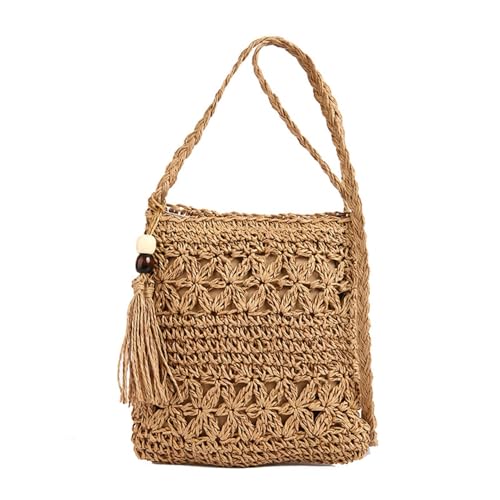 ChAusa Hippie Tasche Strandtasche Damen Sommer Urlaub Strandtasche mit Fransen aus Stroh Gehäkelte Tasche Boho Strohtasche Damen Ideal für Strandurlaub Festivals und Sommerpartys(Braun) von ChAusa