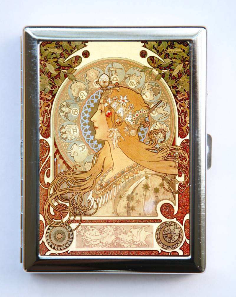 Jugendstil Göttin Mucha #2 Zigarette Fall Id Brieftasche Visitenkarte Halter Tierkreis Zeichen von che655