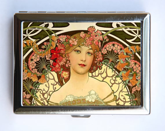 Jugendstil Göttin Zigarette Fall Id Brieftasche Visitenkarte Halter Blumen Mucha von che655