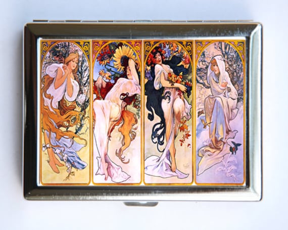 Jugendstil Mädchen Zigarette Fall Id Brieftasche Visitenkarte Halter Mucha Vier Jahreszeiten von che655