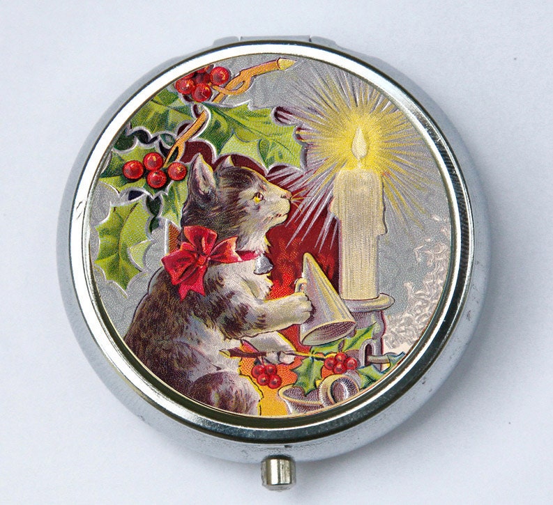 Katze Weihnachten Pillendose Pillbox-Halter Kerze Stechpalme Urlaub von che655