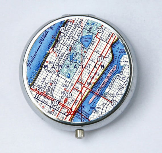 Manhattan New York Ny Pill Fall Pille Box Pillbox Halter Vintage Karte von che655