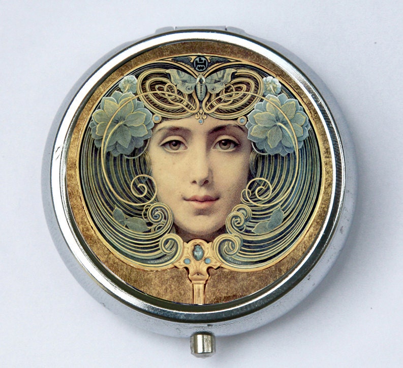 Welden Hawkins Gesicht Pailletui Pillendose Pillenhalter Jugendstil Feine Kunst Malerei Schmetterling Blumen von che655