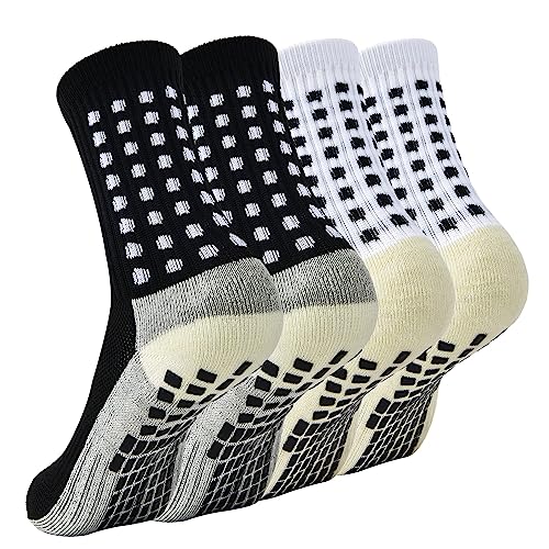 cheap4uk 2 Paare Grip Socken Fussball Fußball Socken Kinder Herren Damen Polsterung Sportsocken Socken Fussball Rutschfeste Football Socks (as3, alpha, m, regular, regular, Schwarz+Weiß) von cheap4uk