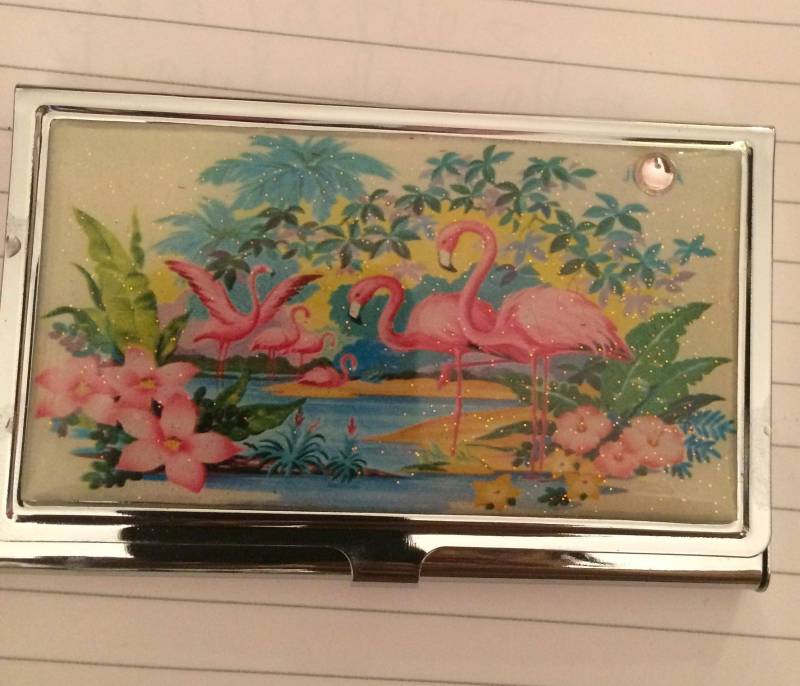 Retro Pink Flamingo Silber Visitenkartenetui Kreditkartenetui von cheetahrama