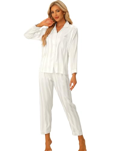 cheibear Damen 2023 Satin Pyjama Streifen Nachthemd Knopfleiste mit Hosen Lounge Set, weiß, 46 von cheibear