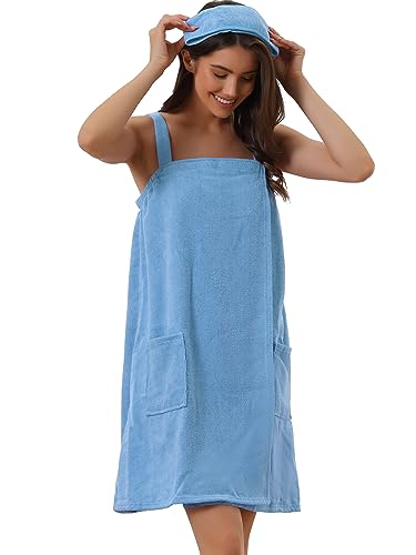 cheibear Damen Bademantel Kleid Frottee Saunakilt Saunatuch mit Tasche und Klettverschluss Spa Dusche Handtuch Bademantel Blau S von cheibear