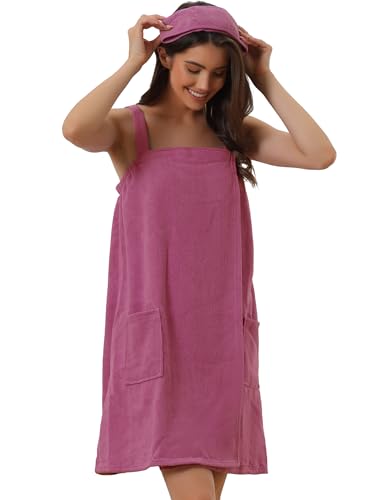 cheibear Damen Bademantel Kleid Frottee Saunakilt Saunatuch mit Tasche und Klettverschluss Spa Dusche Handtuch Bademantel Purpurrot XL von cheibear