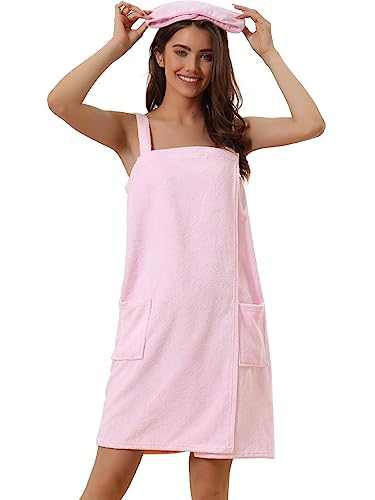 cheibear Damen Bademantel Kleid Frottee Saunakilt Saunatuch mit Tasche und Klettverschluss Spa Dusche Handtuch Bademantel Rosa XL von cheibear
