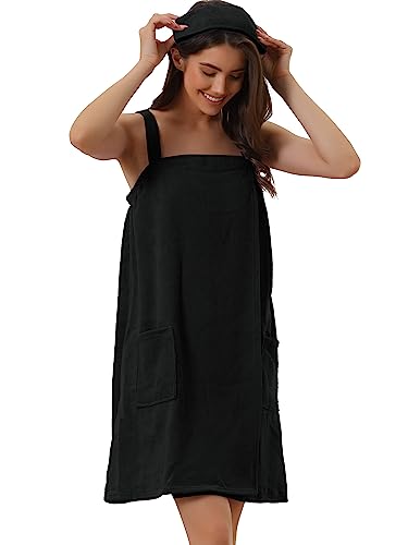 cheibear Damen Bademantel Kleid Frottee Saunakilt Saunatuch mit Tasche und Klettverschluss Spa Dusche Handtuch Bademantel Schwarz M von cheibear