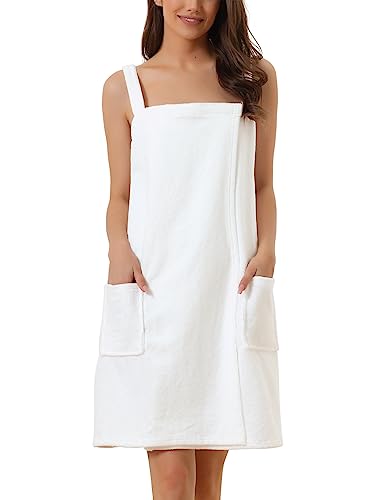 cheibear Damen Bademantel Kleid Frottee Saunakilt Saunatuch mit Tasche und Klettverschluss Spa Dusche Handtuch Bademantel Weiß S von cheibear