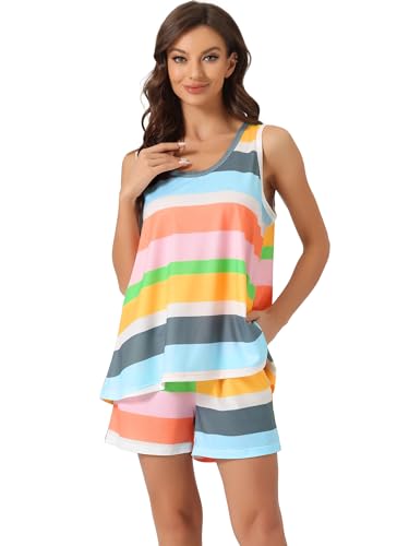 cheibear Damen Lounge-Outfits für mit Taschen, Tanktops in Regenbogenfarben mit Shorts gestreifte Pyjama-Sets Gelb 3XL von cheibear