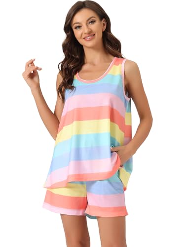 cheibear Damen Lounge-Outfits für mit Taschen, Tanktops in Regenbogenfarben mit Shorts gestreifte Pyjama-Sets Rosa M von cheibear