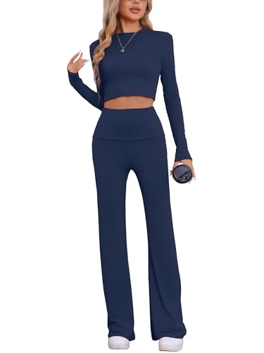 cheibear Damen Lounge-Sets Langarm Crop Top Umschlag Schlaghose Lässiger Pyjama 2-teiliges Outfit Tiefes Blau S von cheibear