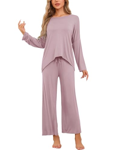 cheibear Damen Lounge-Sets Langarm und Hose Jogger-Sets 2-teilig Pyjama Lockere Nachtwäsche Loungewear Rosa L von cheibear