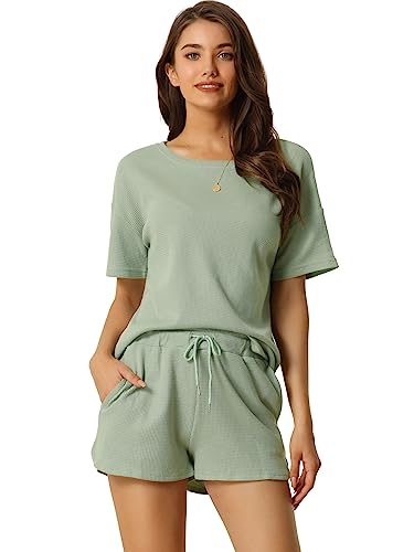 cheibear Damen Lounge-Sets kurzärmeliger Pyjama mit Taschen Oberteil und Shorts Waffel Trainingsanzug Outfits Grün M von cheibear
