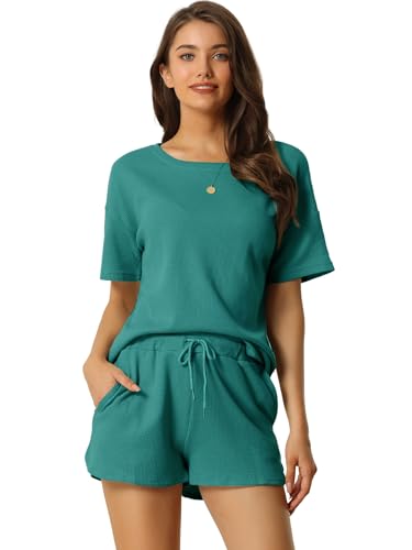 cheibear Damen Lounge-Sets kurzärmeliger Pyjama mit Taschen Oberteil und Shorts Waffel Trainingsanzug Outfits Pfauengrün XL von cheibear