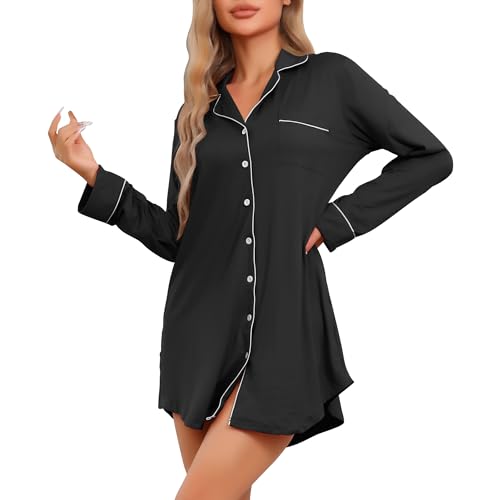 cheibear Damen Nachthemd Langarmshirt Button Down Loungewear Nachtwäsche Schwarz S von cheibear