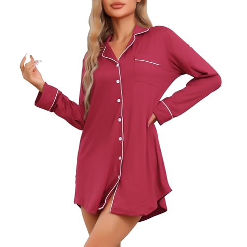 cheibear Damen Nachthemd Langarmshirt Button Down Loungewear Nachtwäsche rot M von cheibear