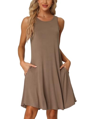 cheibear Damen Nachthemd ärmelloses Trägerkleid Basic Nachtwäsche Nachthemd mit Taschen Tiefes Kamel S von cheibear