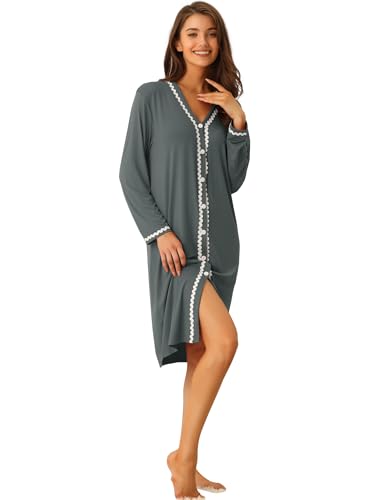 cheibear Damen Nachthemd mit Knopfleiste langärmeliges Pyjama-Kleid Schlafshirt Grau L von cheibear