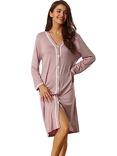 cheibear Damen Nachthemd mit Knopfleiste langärmeliges Pyjama-Kleid Schlafshirt Rosa M von cheibear