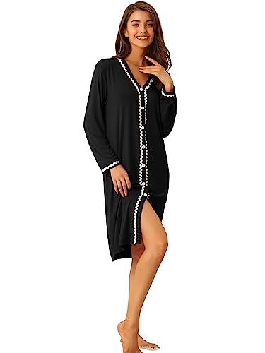 cheibear Damen Nachthemd mit Knopfleiste langärmeliges Pyjama-Kleid Schlafshirt Schwarz L von cheibear
