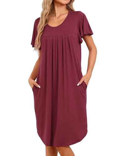 cheibear Damen Nachthemd mit Plissee vorne lockere Passform kurzärmelig Hauskleid lockeres Nachthemd mit Eingrifftaschen Rotwein L von cheibear
