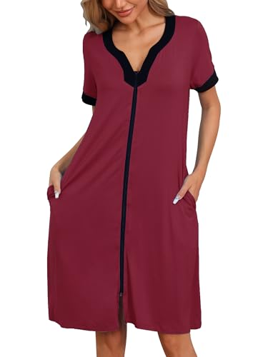 cheibear Damen Nachthemd mit Reißverschluss vorne Hausmantel Kurze Ärmel Bademantel mit Reißverschluss Nachtwäsche Kurze Loungewear mit Taschen rot S von cheibear