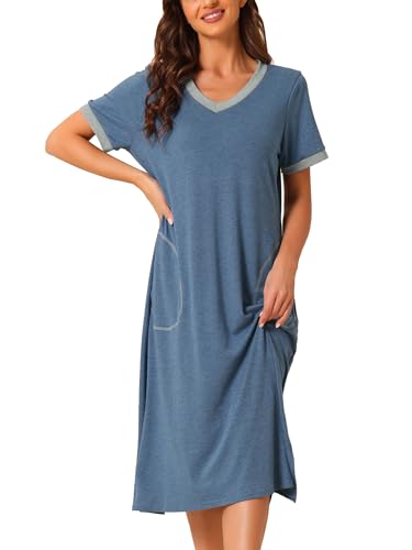 cheibear Damen Nachthemd mit V Ausschnitt langes Basic Nachthemd mit Schlitz kurzen Ärmeln und Taschen Blau XL von cheibear
