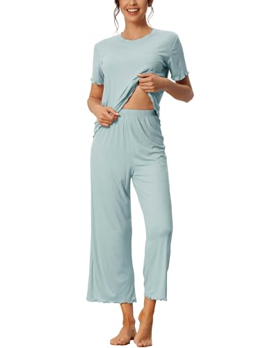 cheibear Damen Nachtwäsche Gerippter Strick Rundhalsausschnitt weiches Kurzarmhemd Capri Pyjama Set Blau XL von cheibear