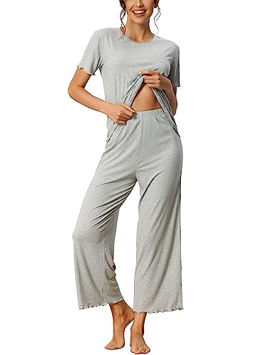 cheibear Damen Nachtwäsche Gerippter Strick Rundhalsausschnitt weiches Kurzarmhemd Capri Pyjama Set Grau XL von cheibear