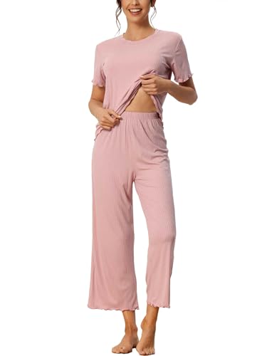 cheibear Damen Nachtwäsche Gerippter Strick Rundhalsausschnitt weiches Kurzarmhemd Capri Pyjama Set Rosa S von cheibear