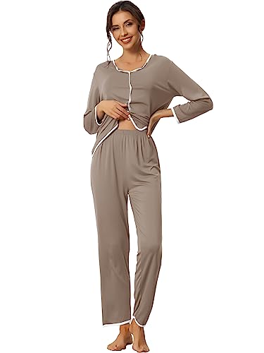 cheibear Damen Nachtwäsche Pyjama, langärmelige Pullover Oberteile mit Hosen Lounge Sets Khaki L von cheibear