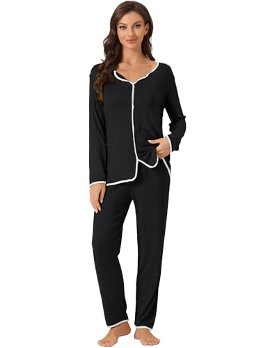 cheibear Damen Nachtwäsche Pyjama, langärmelige Pullover Oberteile mit Hosen Lounge Sets Schwarz M von cheibear