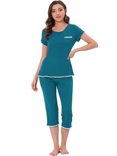 cheibear Damen Nachtwäsche Pyjama Set Nachtwäsche Rundhals Loungewear mit Caprihose Pfauengrün XL von cheibear