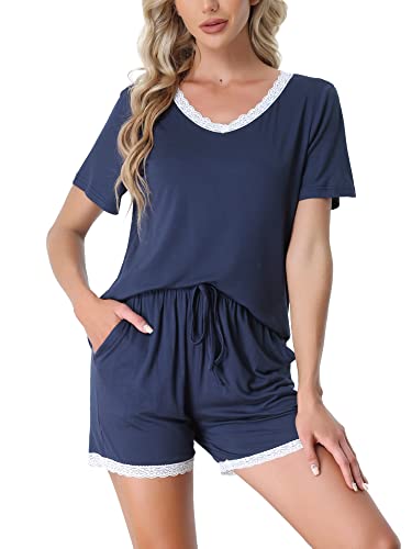 cheibear Damen Nachtwäsche weiche Lounge Nachtwäsche mit Taschen Shorts Ärmel-Pyjama-Set Blau L von cheibear