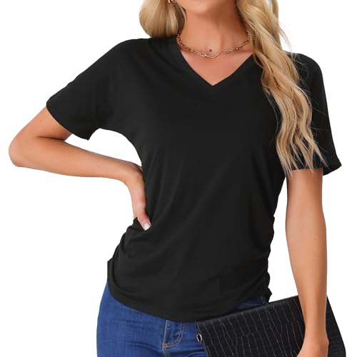 cheibear Damen-Pyjama-Oberteile weich bequem Pyjama-Shirts V-Ausschnitt kurzärmelig Schlafoberteil Schwarz S von cheibear