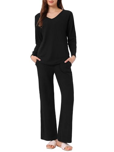 cheibear Damen Pyjama-Set Gerippter Lounge-Strick V-Ausschnitt Lange Ärmel mit Hose lässige Nachtwäsche Schwarz M von cheibear