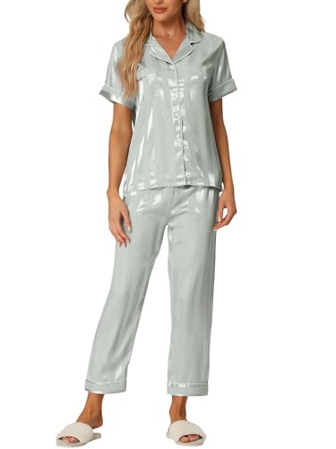 cheibear Damen Pyjama Set Gestreift mit kurzen Ärmeln und Langen Hosen aus Satin mit Knopfleiste Hellgrün Large von cheibear