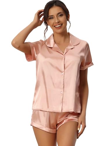 cheibear Damen Pyjama Set aus Satin mit Knöpfen kurzärmeligem Hemd und Shorts Loungewear Nachtwäsche Rosa M von cheibear