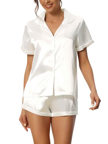 cheibear Damen Pyjama Set aus Satin mit Knöpfen kurzärmeligem Hemd und Shorts Loungewear Nachtwäsche Weiß M von cheibear