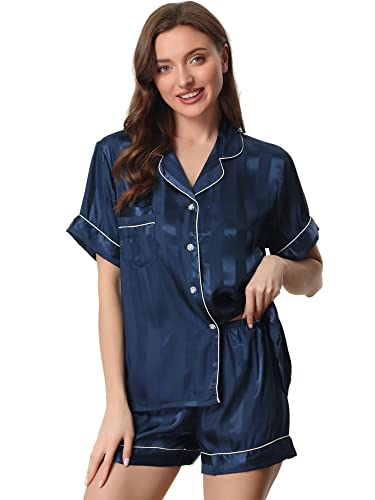 cheibear Damen Pyjama Set aus Satin mit Knopfleiste kurzen Ärmeln und Shorts Blau XS von cheibear