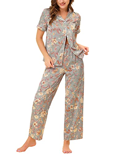 cheibear Damen Pyjama-Set aus Seide mit kurzen Ärmeln und Hosen aus floralem Satin Grau M von cheibear