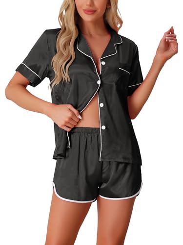 cheibear Damen Pyjama-Set aus seidigem Satin mit kurzen Ärmeln und Knopfleiste 2-teilig Loungewear Shorts S-XXL Schwarz L cheibear Damen Pyjama-Set aus seidigem Satin mit kurzen Ärmeln und Knopfleiste 2-teilig Loungewear Shorts S-XXL Schwarz L von cheibear