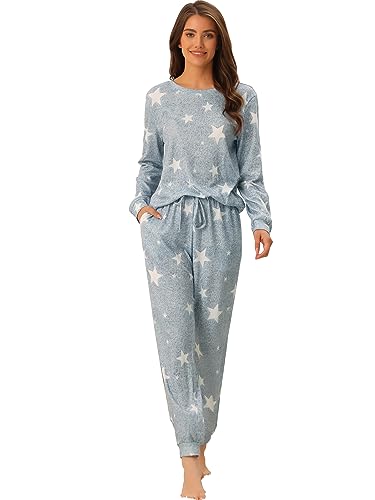 cheibear Damen Pyjama Set mit Langen Ärmeln Stern Aufdruck Kint Sweatshirt 2 teilig Nachtwäsche Hellgrau XL von cheibear
