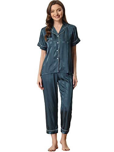 cheibear Damen Pyjama Set mit kurzen Ärmeln und Langen Hosen aus Satin mit Knopfleiste Blau XS von cheibear