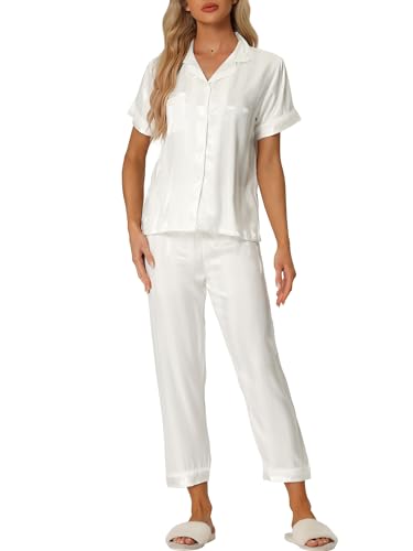 cheibear Damen Pyjama Set mit kurzen Ärmeln und Langen Hosen aus Satin mit Knopfleiste Weiß XS von cheibear