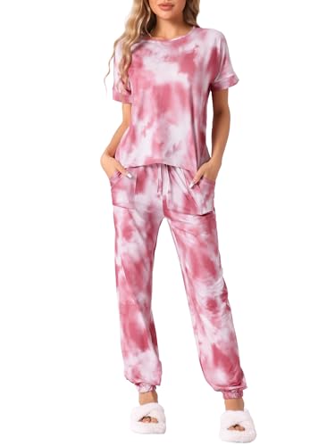 cheibear Damen Pyjama Set weiche Nachtwäsche Batik T-Shirt und Hose Pyjama Set mit Tasche Trainingsanzug Outfits rot M von cheibear