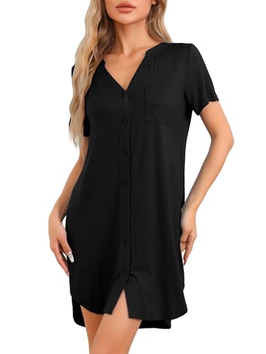 cheibear Damen Pyjama V-Ausschnitt Nachthemd Loungewear Button Down Kurzarm NachthemdenSchwarz XS von cheibear